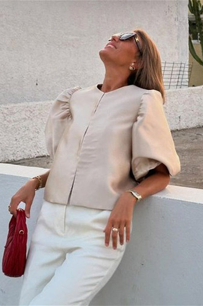 French Style Short Satin Balloon Sleeve Blouse
