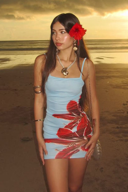 Tropical Floral Contrast Curve Hugging Slip Dress