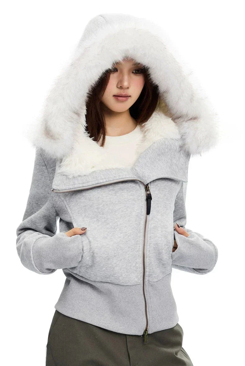Fleece-Lined Hooded Fur-Collar Zip Short Jacket