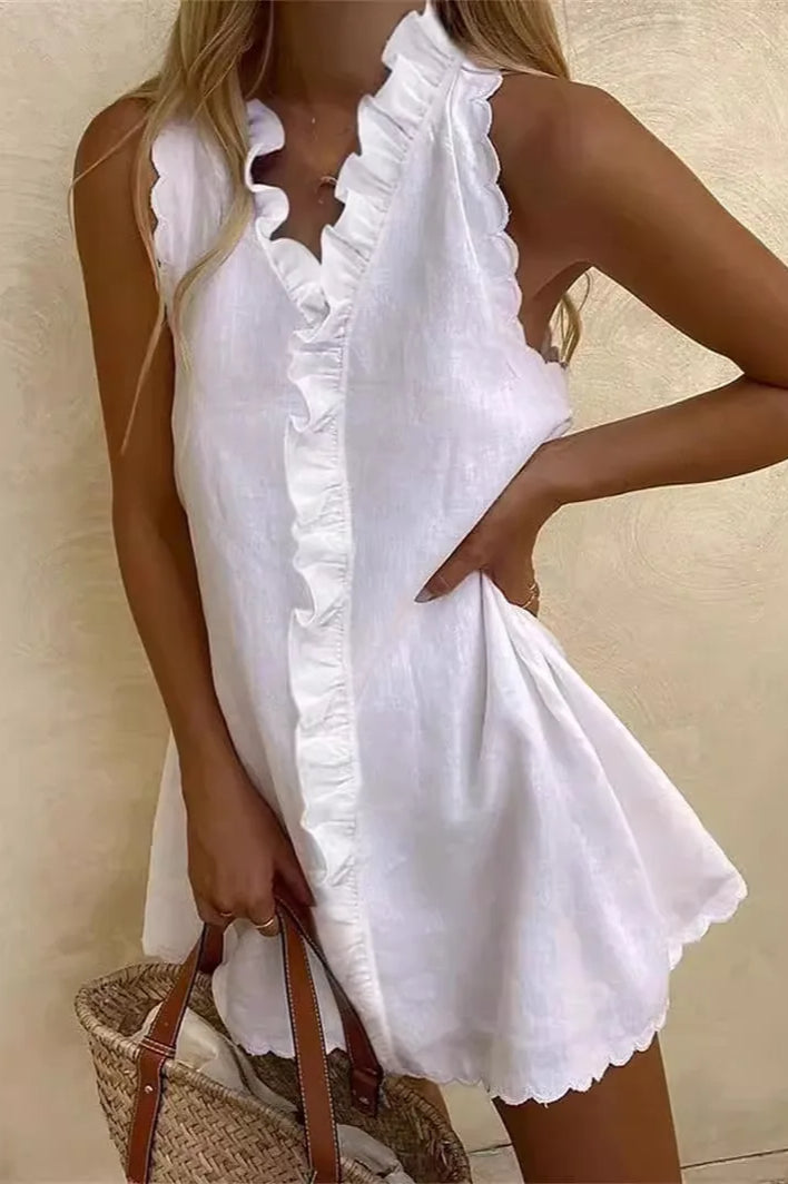 V Neck Ruffle Cotton Linen Mini Dress