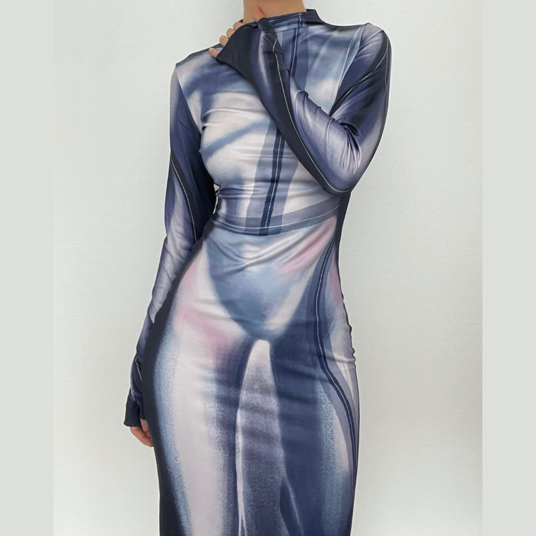 Contrast print slit long sleeve gloves high neck maxi dress