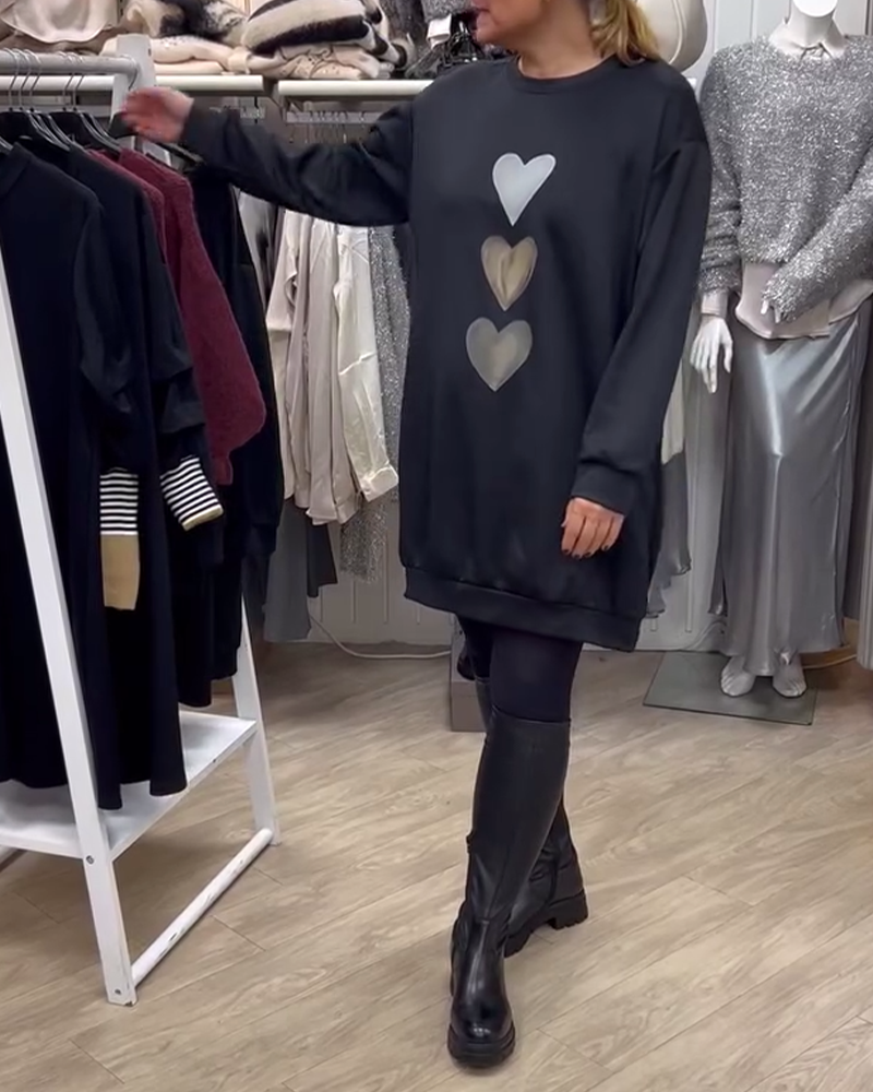 Black Round Neck Heart Print Long Sleeve Sweatshirt Mini Dress