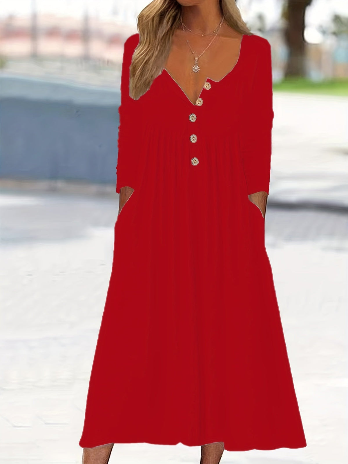 Henley Neck Button Front Long Sleeve Pocket A-Line Midi Dress