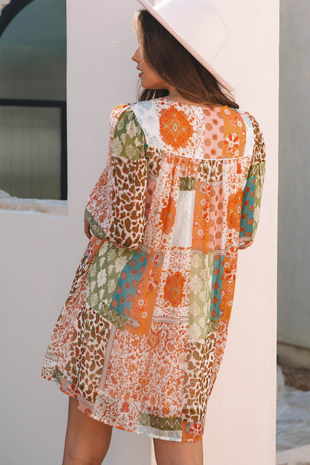 Orange Boho Paisley Mixed Print 3 4 Sleeve Chiffon Loose Dress