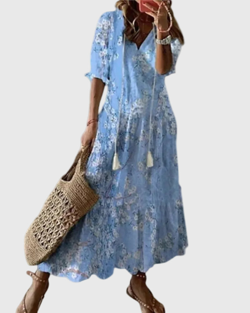 V-Neck Tassel Tie Ikat Print Short Sleeve Tiered Maxi Dress
