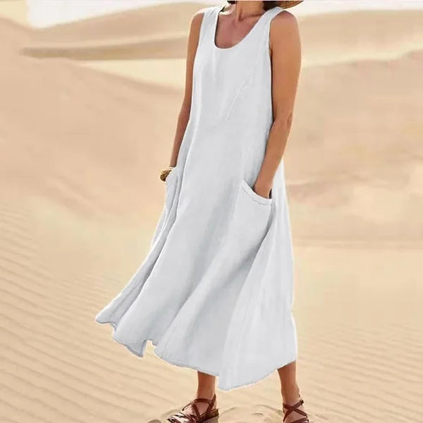 Round Neck Sleeveless Linen Pocket A-Line Midi Dress 4