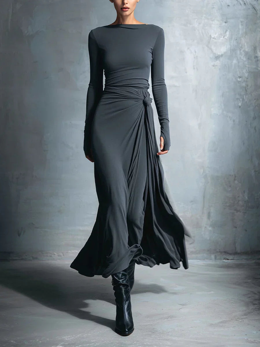Boat Neck Long Sleeve Side Knot Ruched Draped Bodycon Maxi Dress