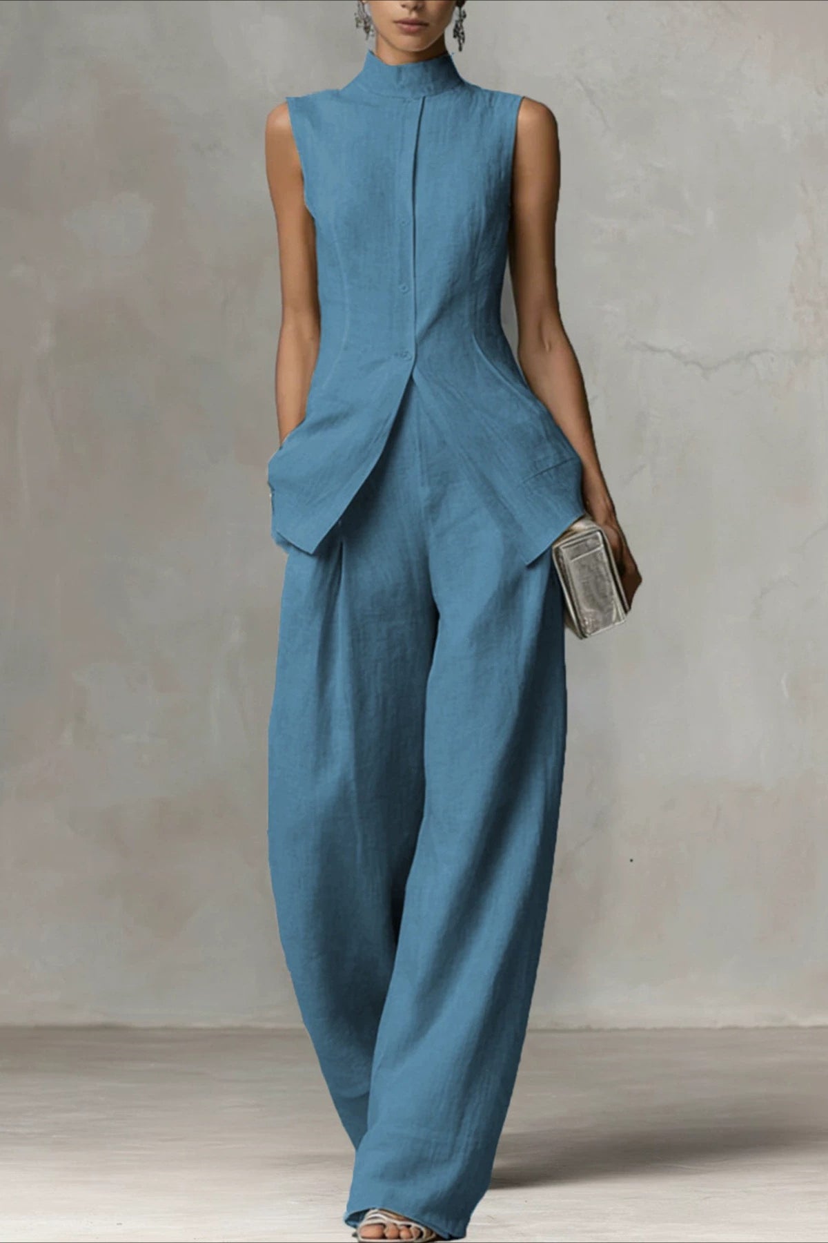Drape Sleeveless Shirt Elegant Two Piece Work Set