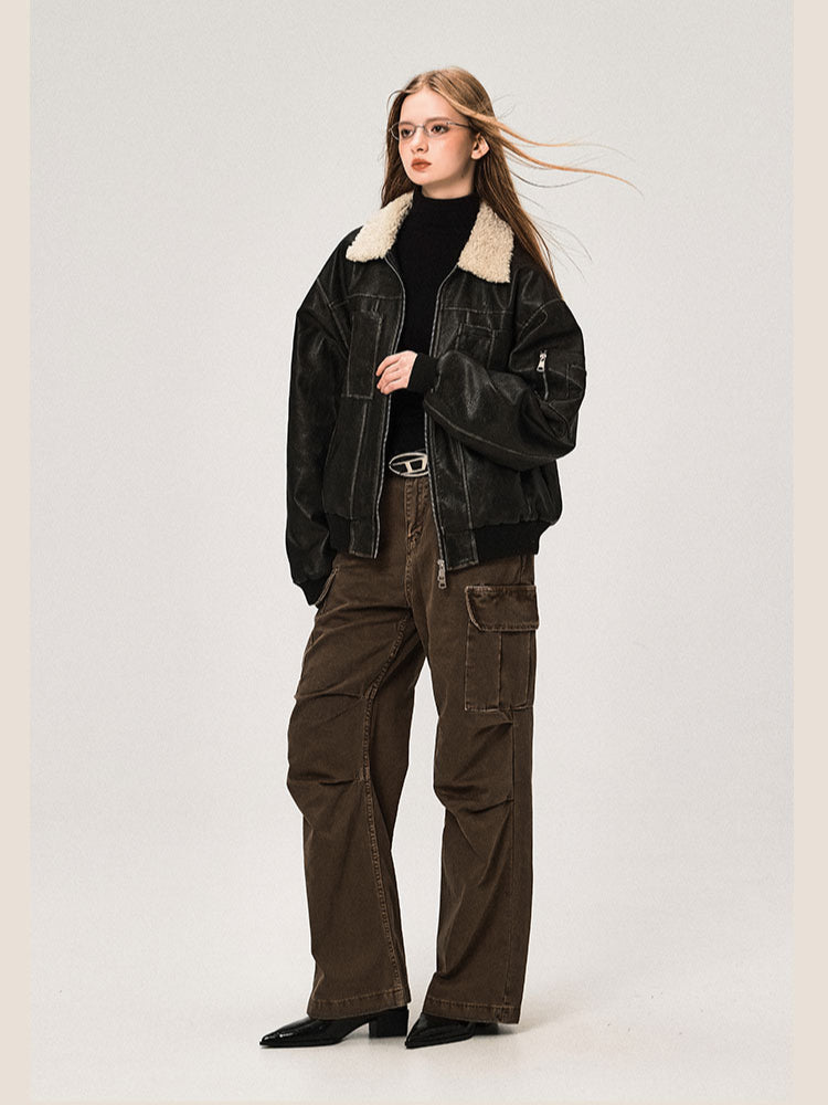 PU Leather Jacket with Lamb Wool Collar
