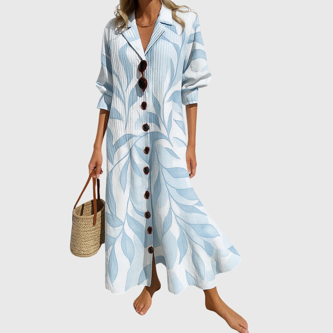 V-Neck Floral Print Button-Front Half Sleeve A-Line Maxi Dress