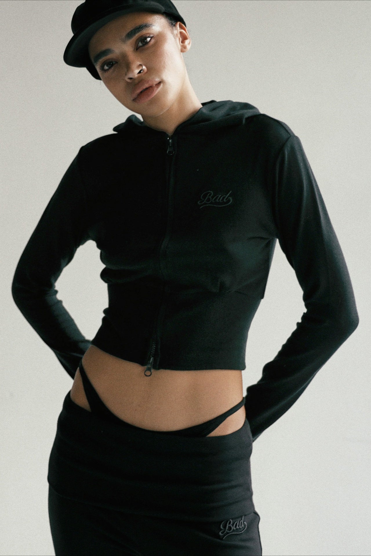Carmine Zip-Up Embroidered Crop Hoodie
