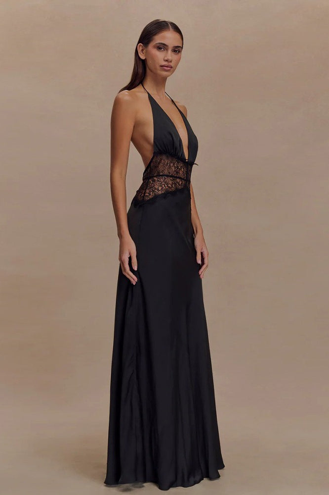 Solid Lace Sheer Halter Tie Back Slip Dress