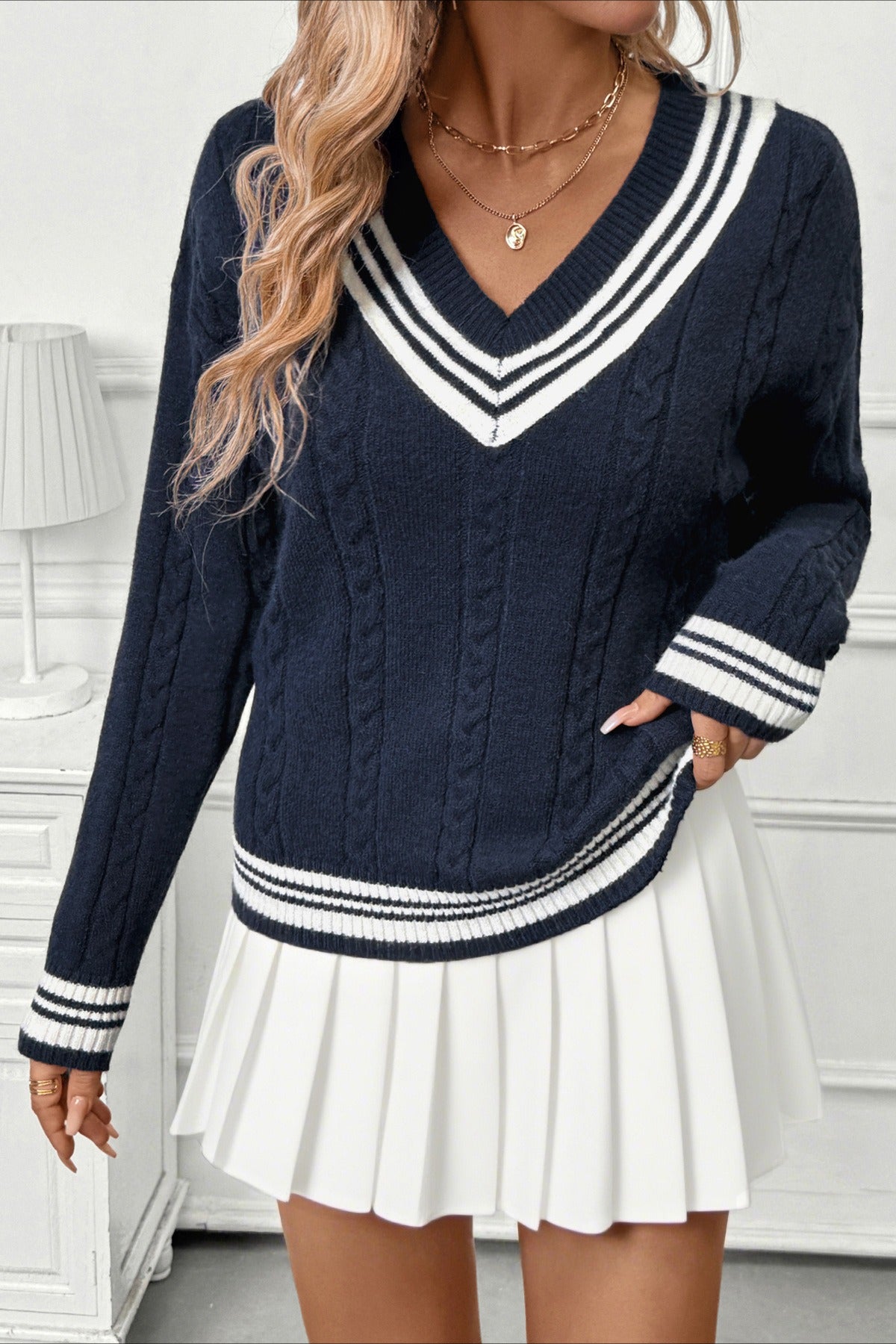 Contrast VNeck Cable Knit Sweater