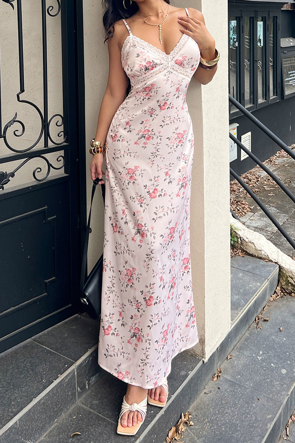 Floral V Neck Lace Panel Slim Maxi Slip Dress