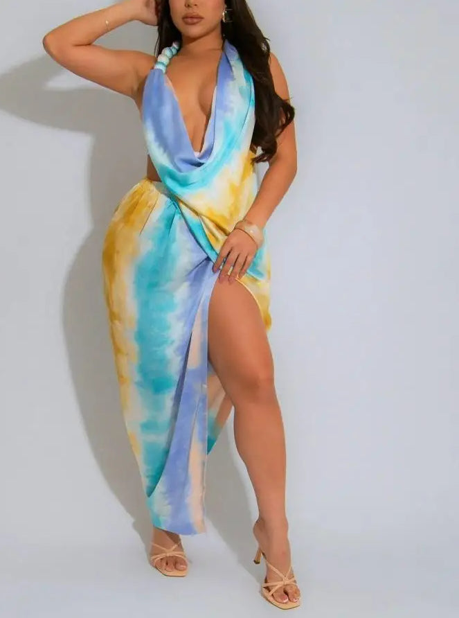 Tie Dye Halter Deep VNeck Backless Midi Dress