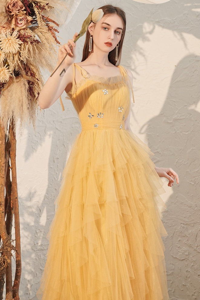 Yellow Spaghetti Strap Ruched Bodycon Mini Dress 2