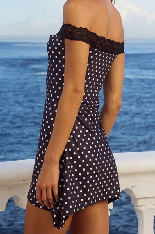 Black Off Shoulder Lace Trim Polka Dot Bodycon Mini Dress 2