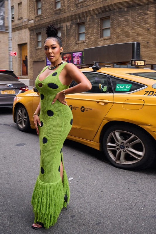 Green Polka Dot Knit Fringe Hem Maxi Dress 2
