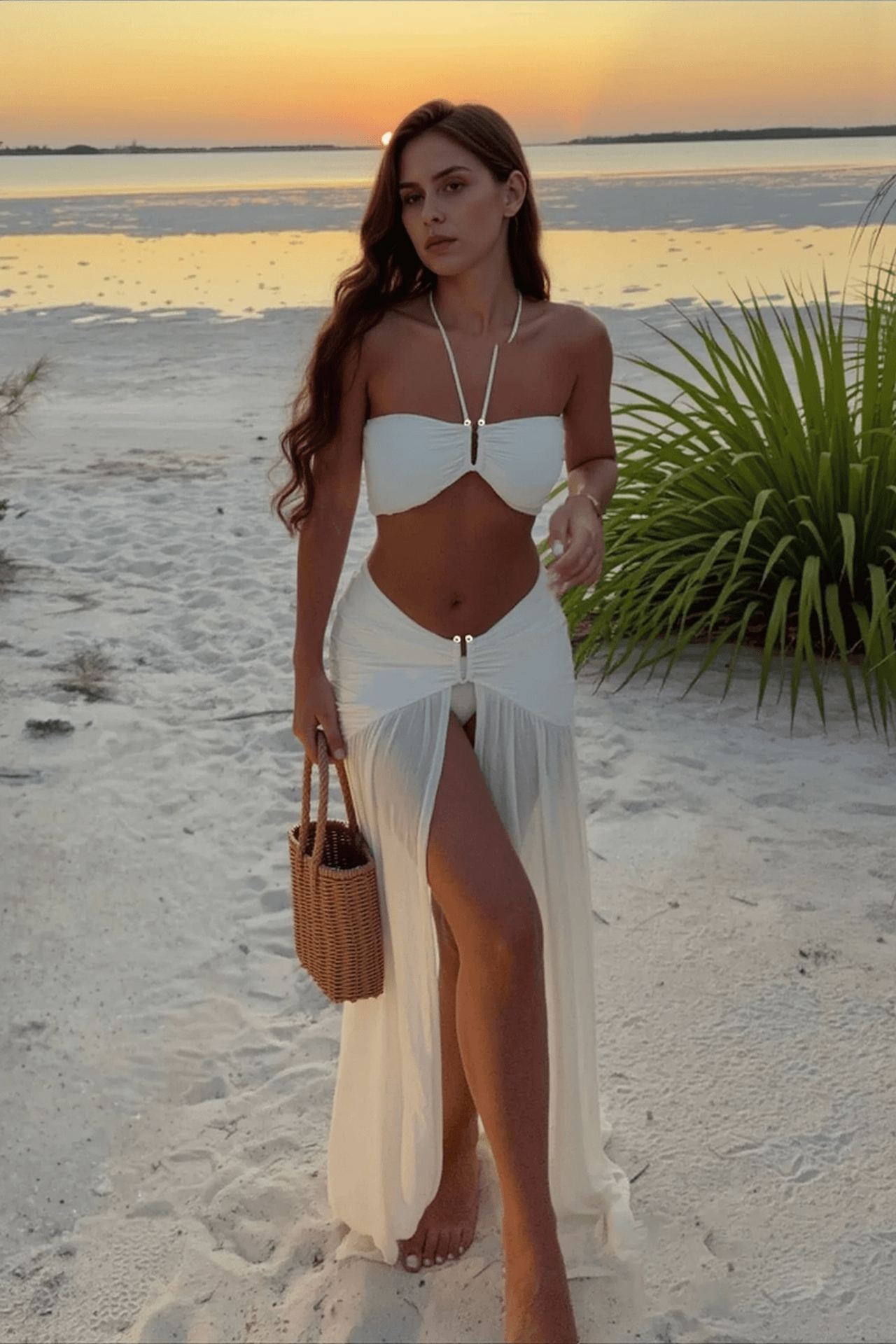 Halter Slit Long Dress Three Piece Swim Set