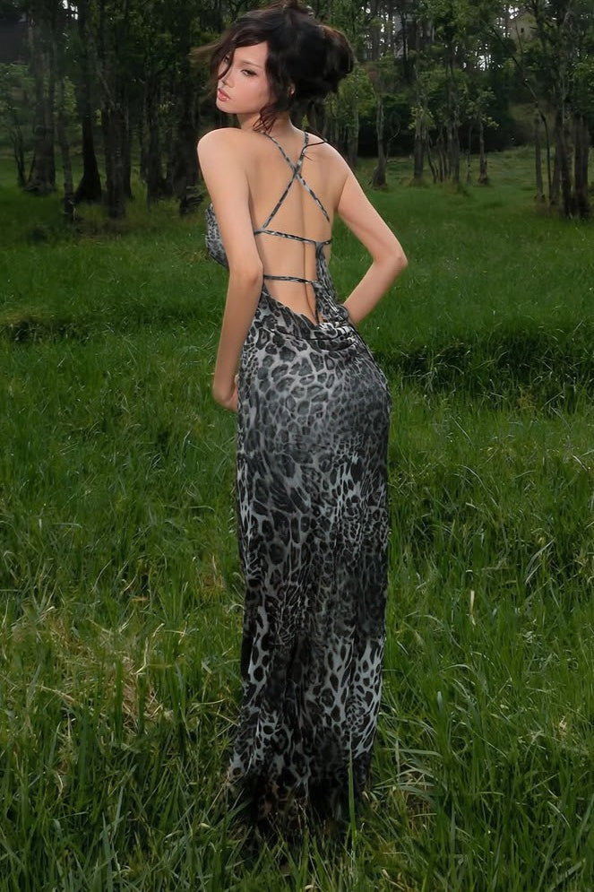 Leopard Print Backless Spaghetti Strap Party Dress
