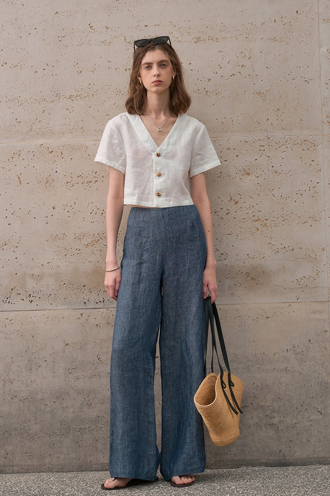 Linen Yarn Dyed Wide Leg Pants
