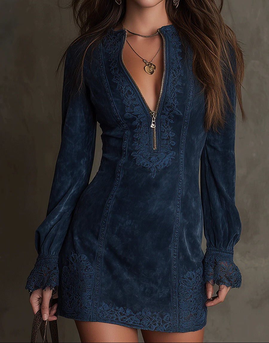 Zip-Front V-Neck Lace Trim Long Sleeve Bodycon Mini Dress