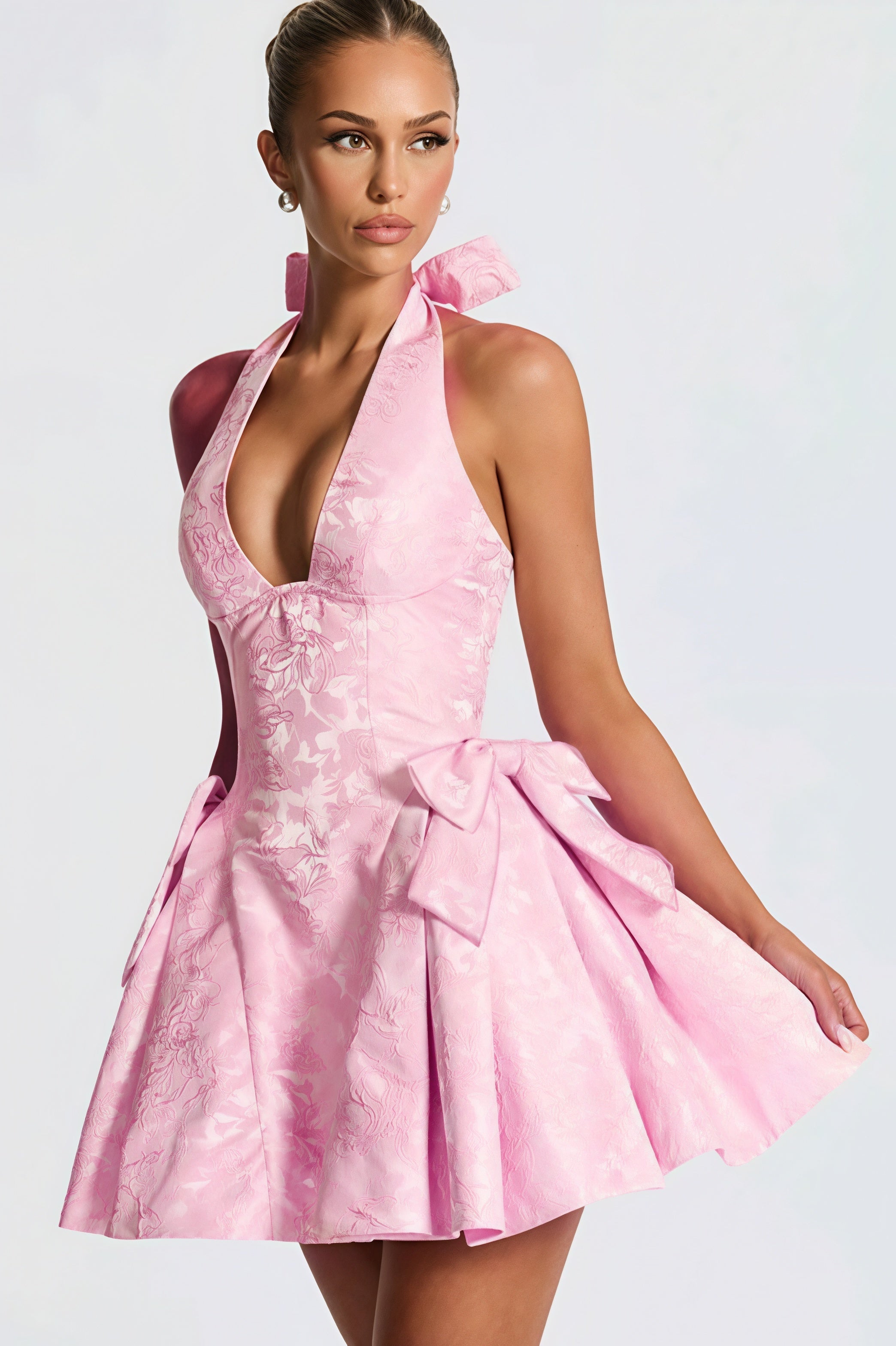 Pink Halter Deep V Neck Jacquard Floral Bow Detail Puff Skirt Mini Dress 2
