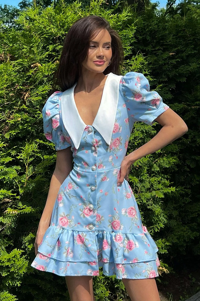 Oversized Collar Puff Sleeve Pearl Button Ruffle Tier Hem Floral Print Mini Dress 8