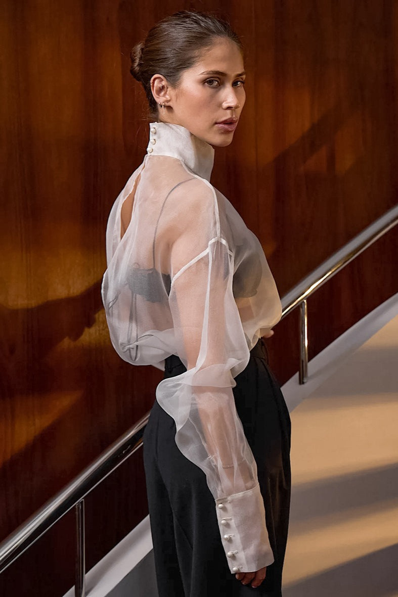 White Mesh Sheer High-Neck Long-Sleeve Blouse