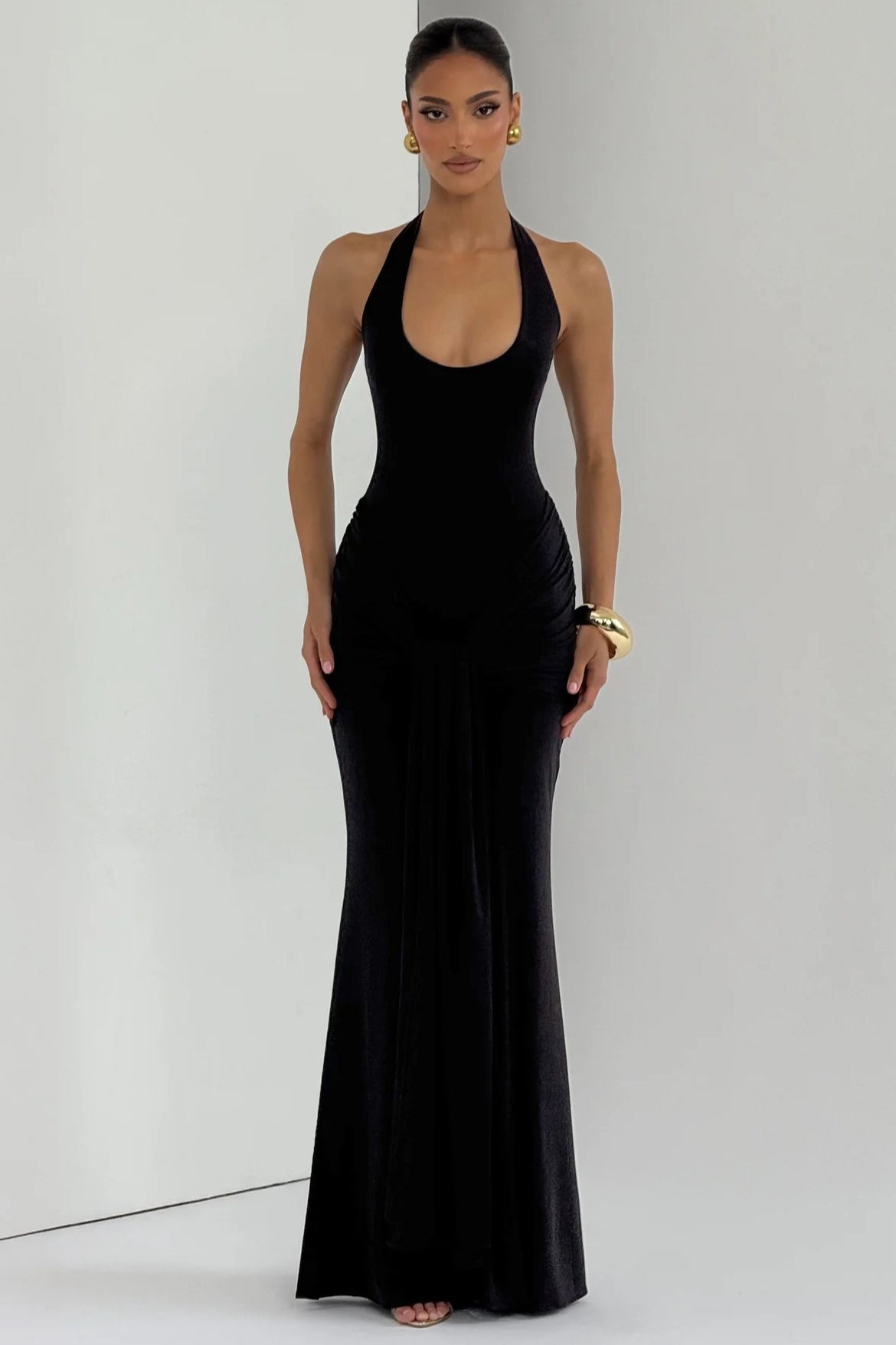 U Neck Halter Sash Panel Bodycon Party Dress