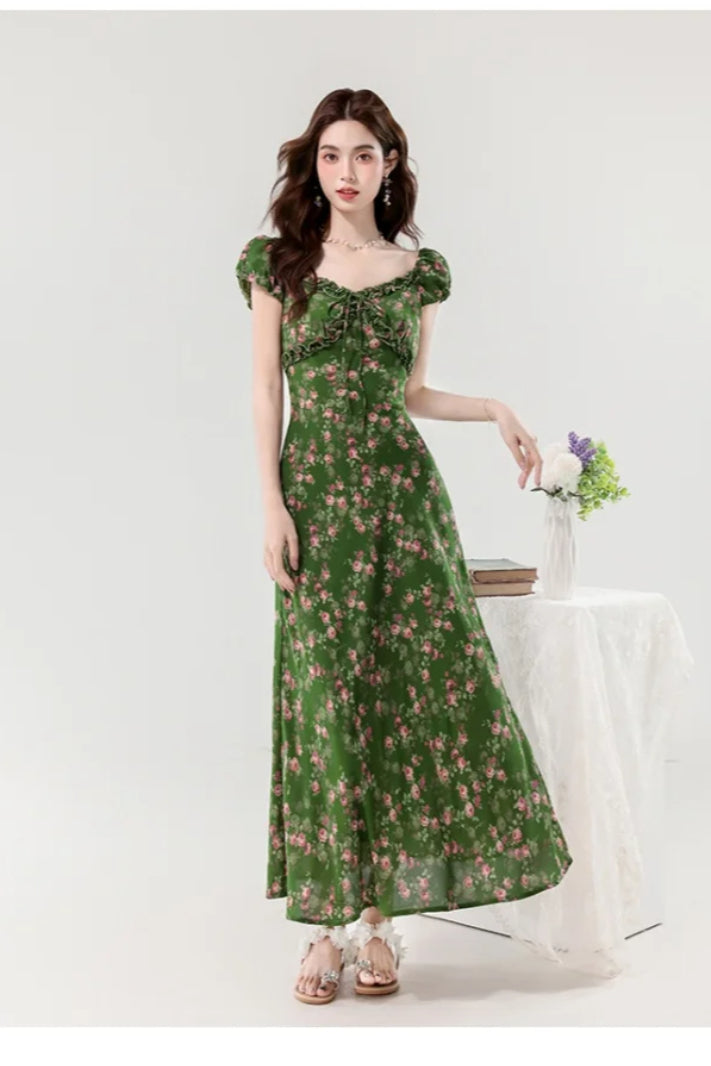 Retro Slim Green V - Neck Floral Dress