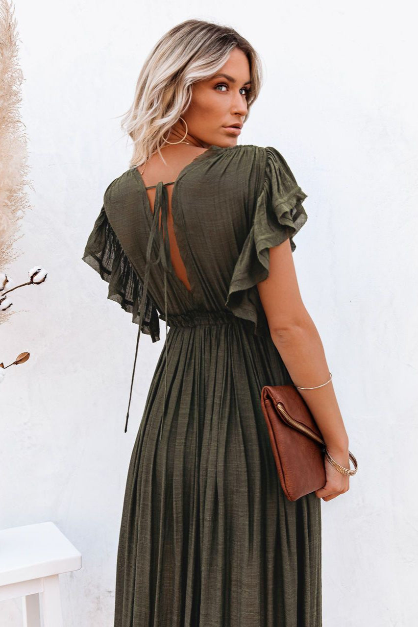 Deep V Neck Ruffle Sleeve Drawstring Waist Button Front Pocket Maxi Dress 14