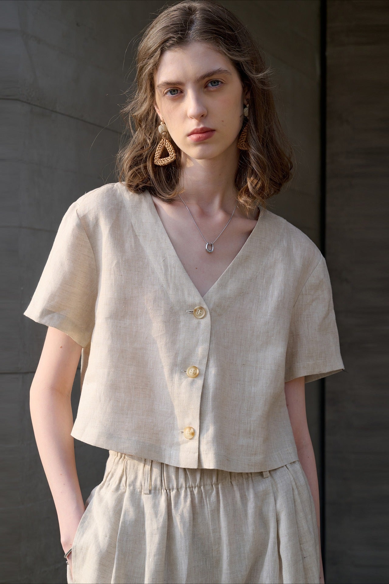 Linen V Neck Short Sleeve Blouse