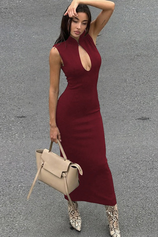 Elegant Cutout Solid Sleeveless Bodycon Party Dress