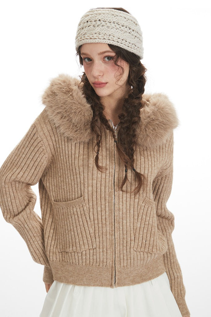 Fuzzy Collar Slim Hooded Short Knit Cardigan