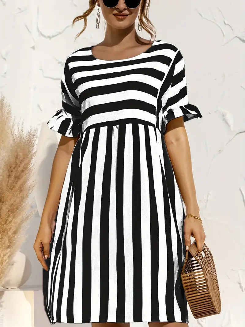 Navy Striped Summer Dress With Short Sleeves S / Navy Blue Striped Dress