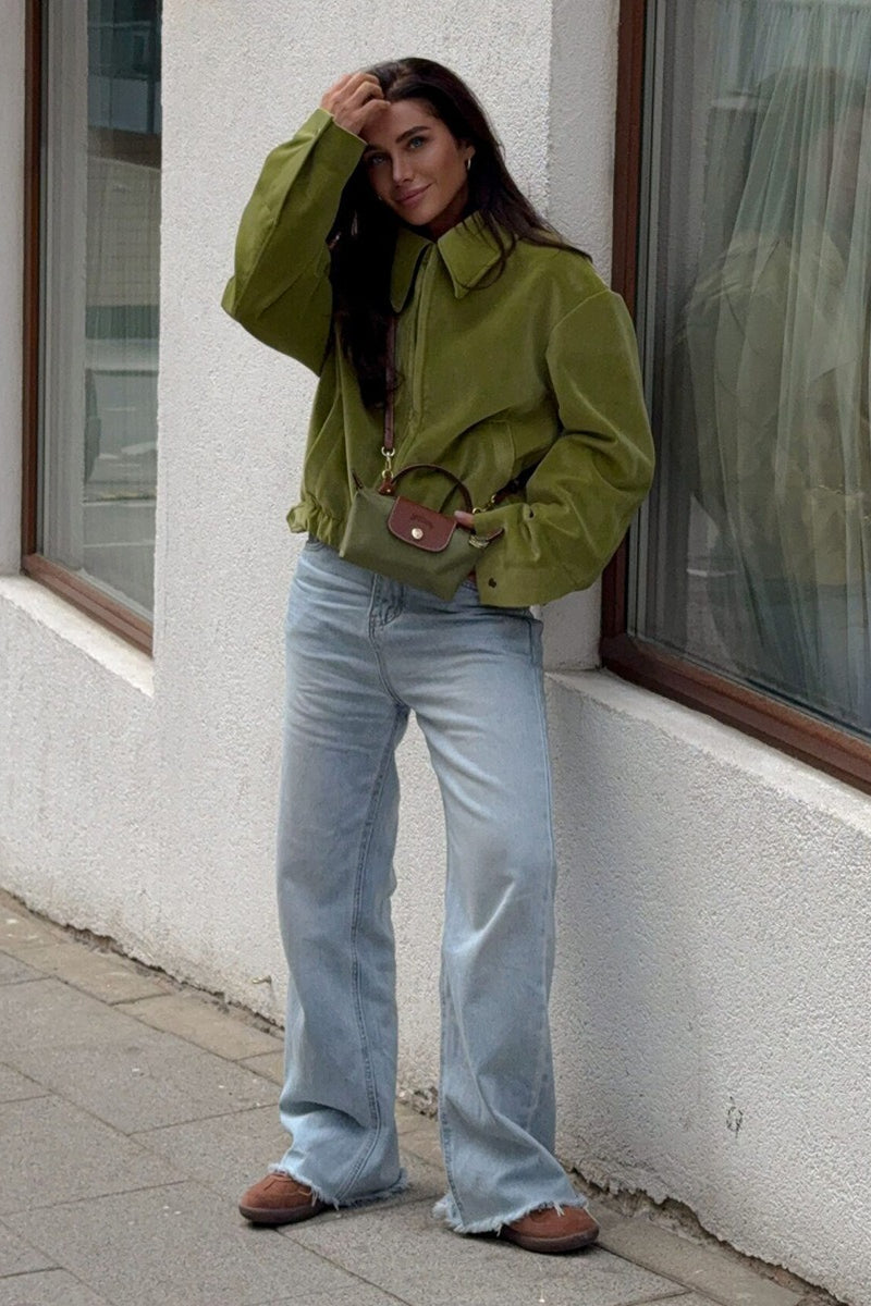 Retro Green Velvet Loose Collared Varsity Jacket