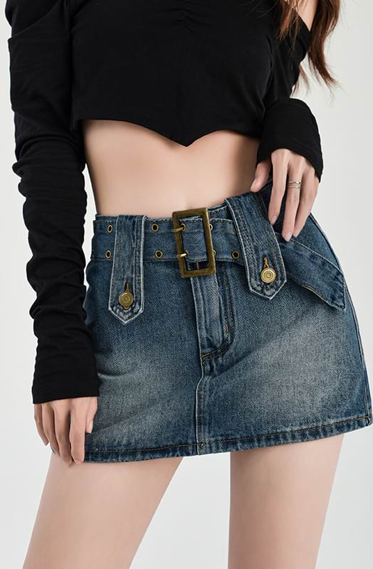 Buckled Denim Mini Skirt