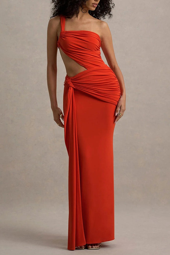 One Shoulder Ruched Side Cut Out Knot Detail Mermaid Maxi Dress 5