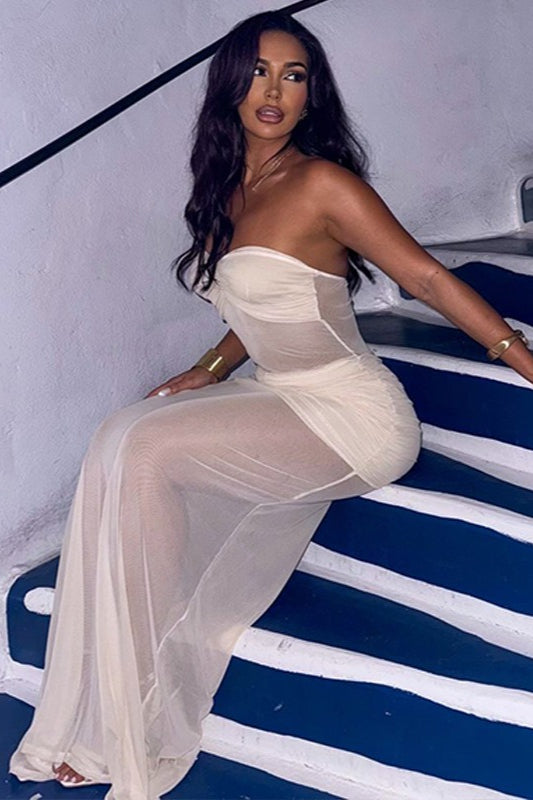 Sheer Mesh Paneled Off-Shoulder Tube Party Dress