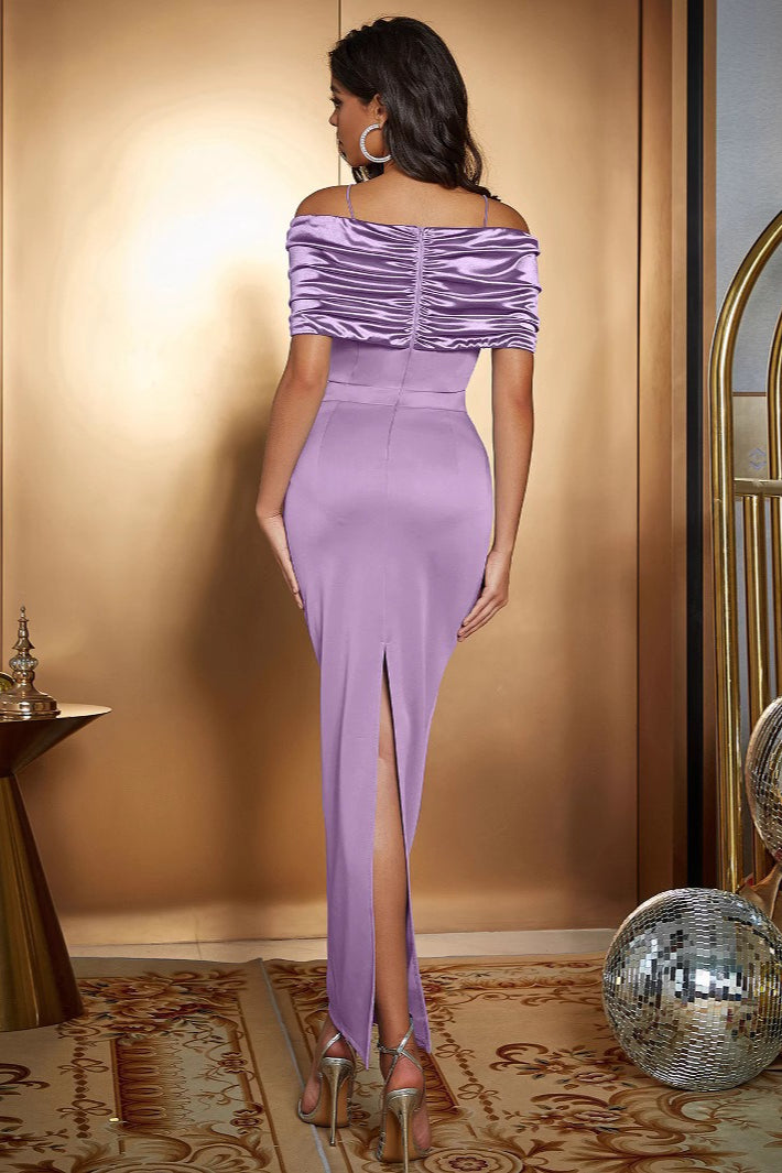 Satin Ruched Panel OffShoulder Fitted Silk Dress