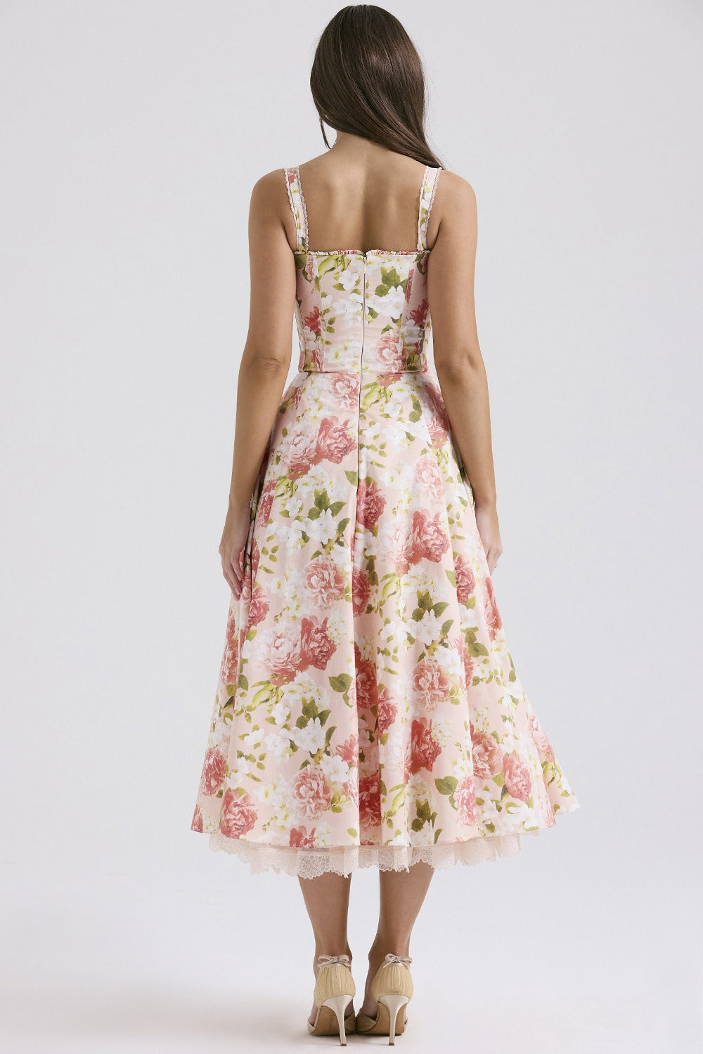Wide Strap Lace Trim Corset Bodice Floral Print A-Line Midi Dress 8