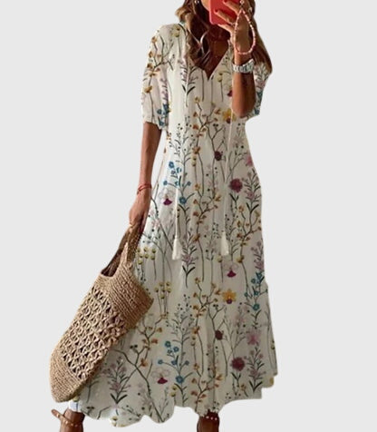 V-Neck Tassel Tie Ikat Print Half Sleeve Tiered Maxi Dress 7