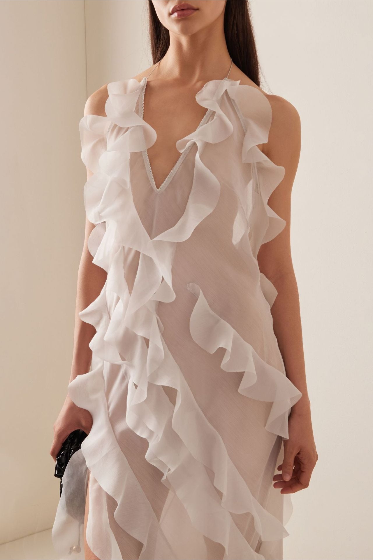 Plunge Mesh Asymmetric Ruffle Trim Long Slip Dress