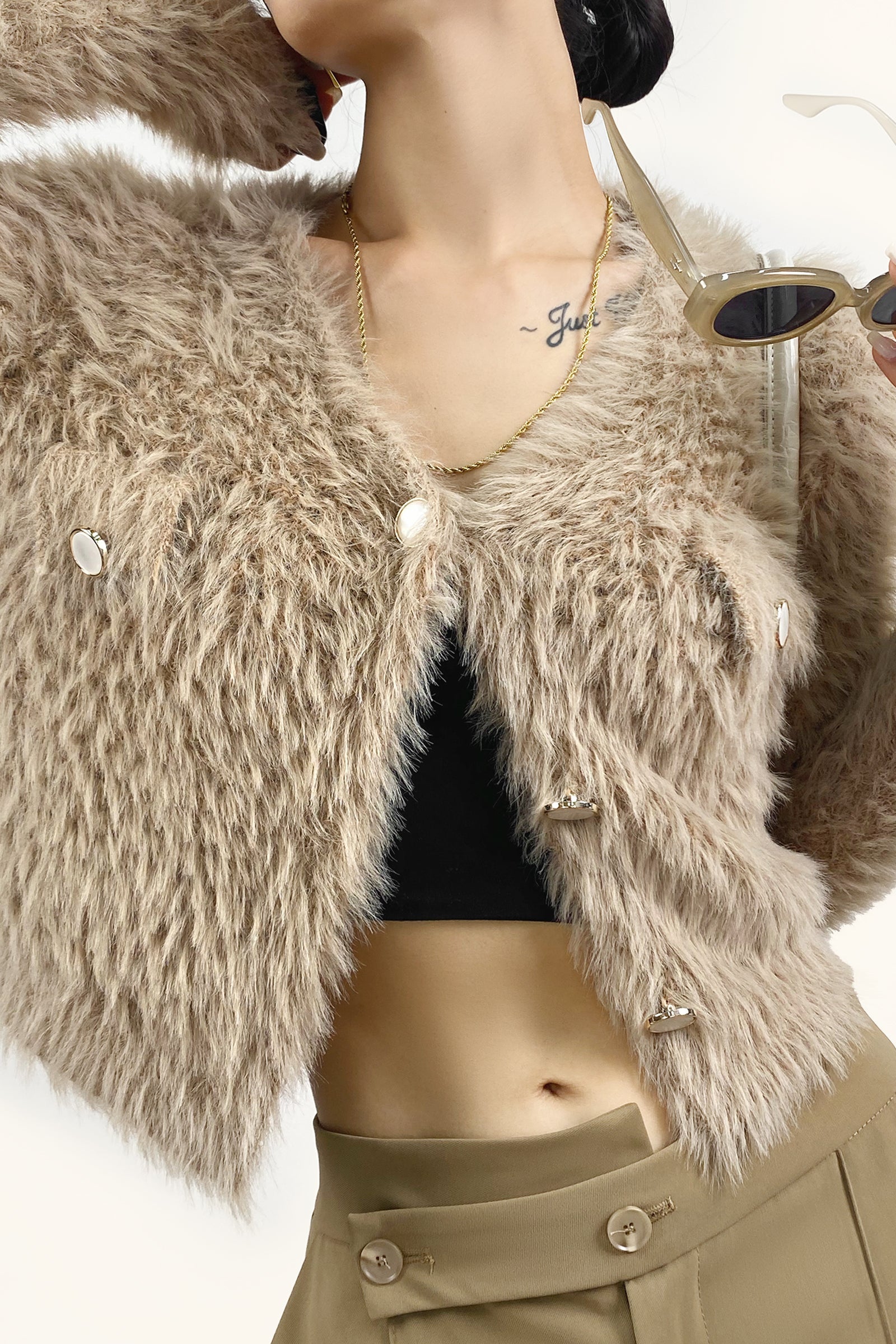 Sandy Brown Fuzzy Knit V-Neck Cropped Cardigan