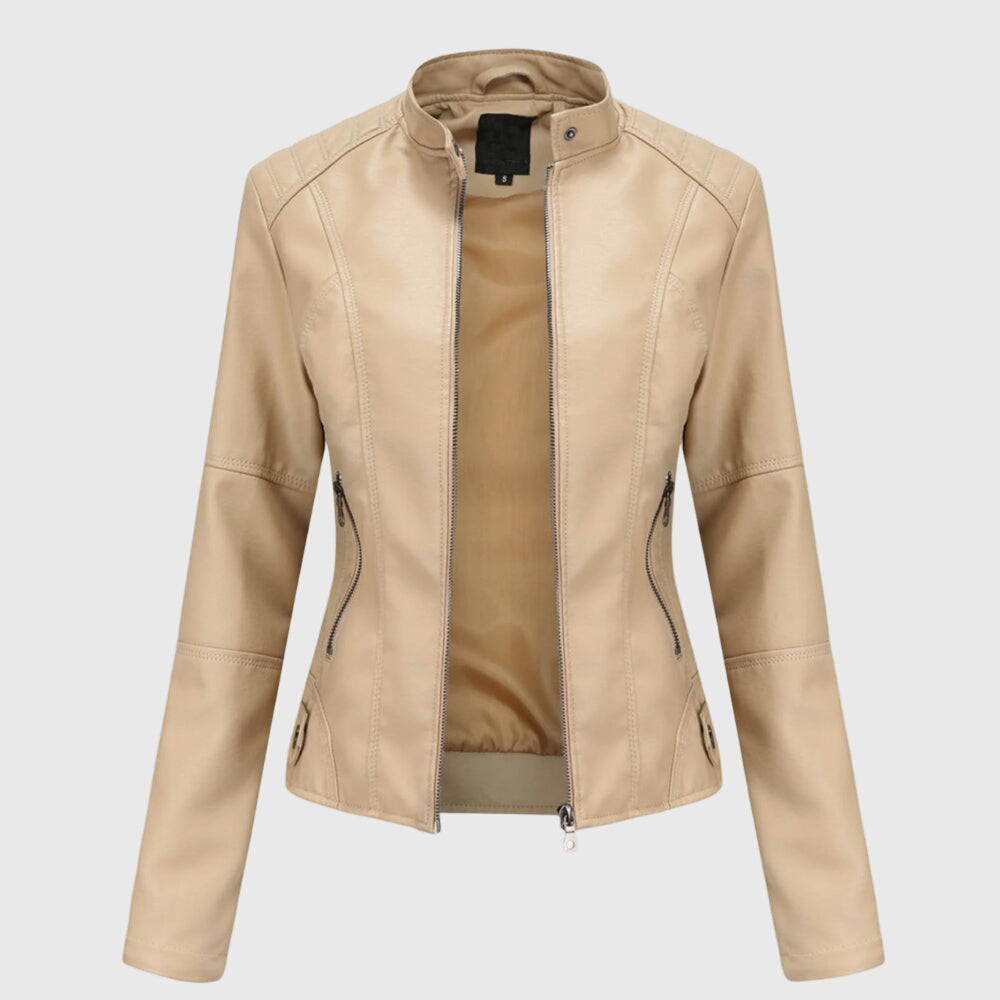 Stand Collar Faux Leather Zip-Front Fitted Moto Jacket 4