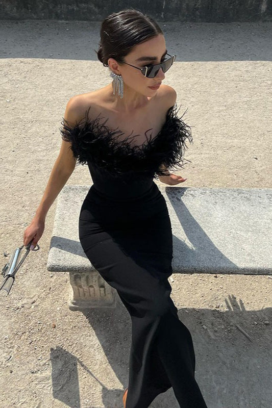 Ostrich Feather Deep V Bodycon Party Dress