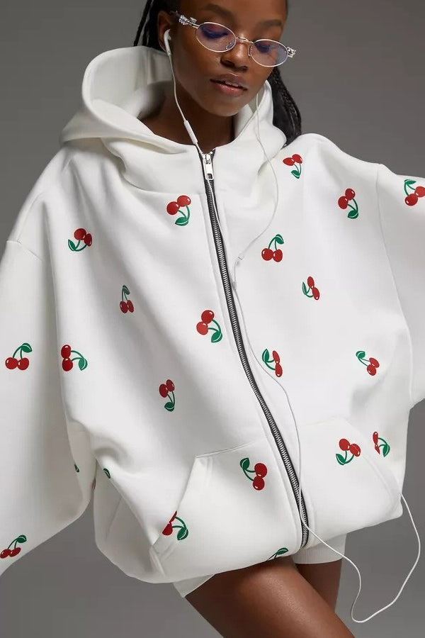 Cherry Print Loose Street Fashion Hoodie