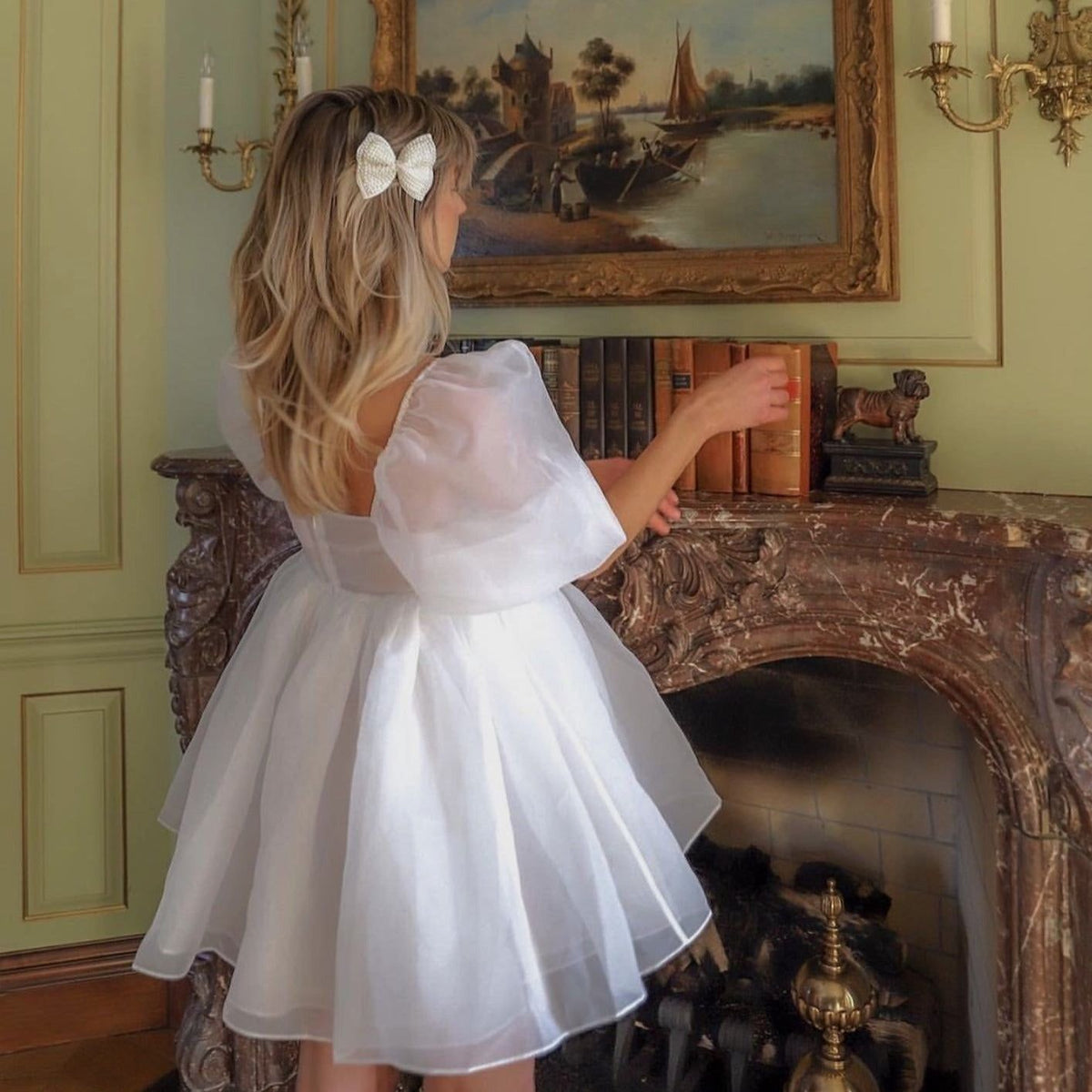 Beige Puff Sleeve Open Back Organza Fit and Flare Mini Dress