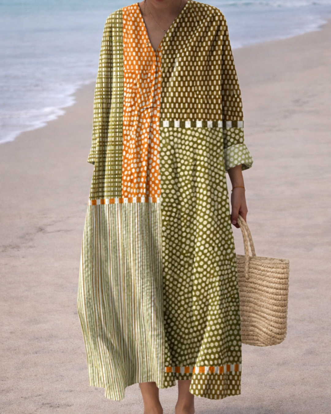 V-Neck Polka Dot Stripe Colorblock Long Sleeve Loose Maxi Dress